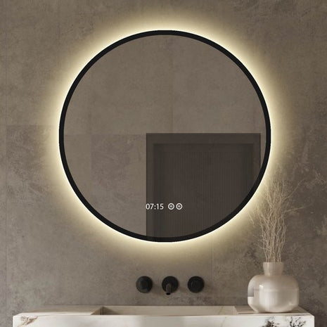 Badkamerspiegel met Digitale Klok Rond 60 cm Met Verlichting en Verwarming - Mat Zwart Metalen Rand